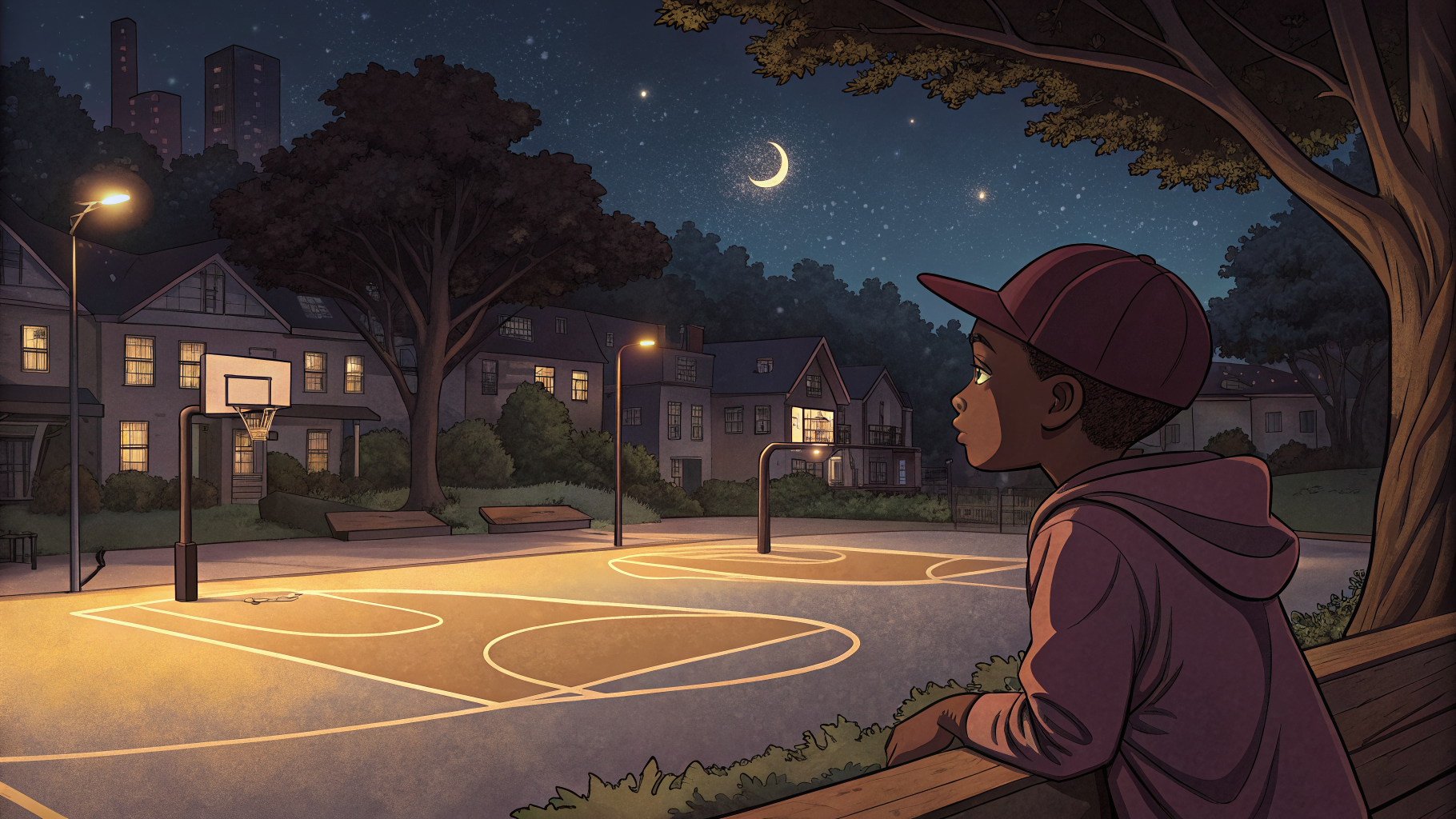Basketball court at night under stars — setting of a Lil Dev adventure