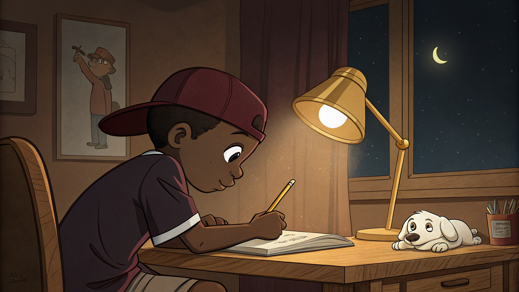 Lil Dev at his desk late at night working on a project