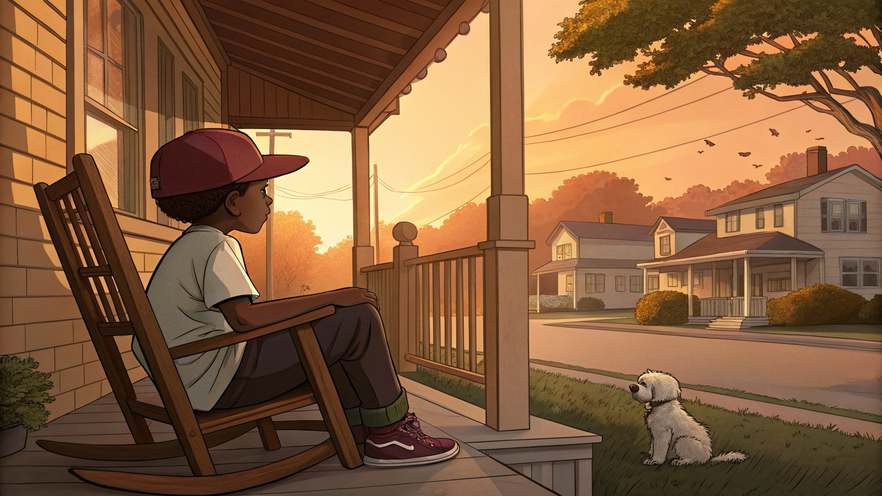 Lil Dev thinking on the porch at dusk